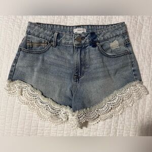 Forever 21 Light Blue Denim Shorts with White Crochet Hem